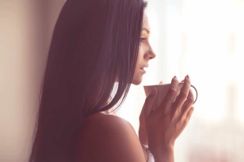 Beautiful Woman Morning Coffee Side Profile