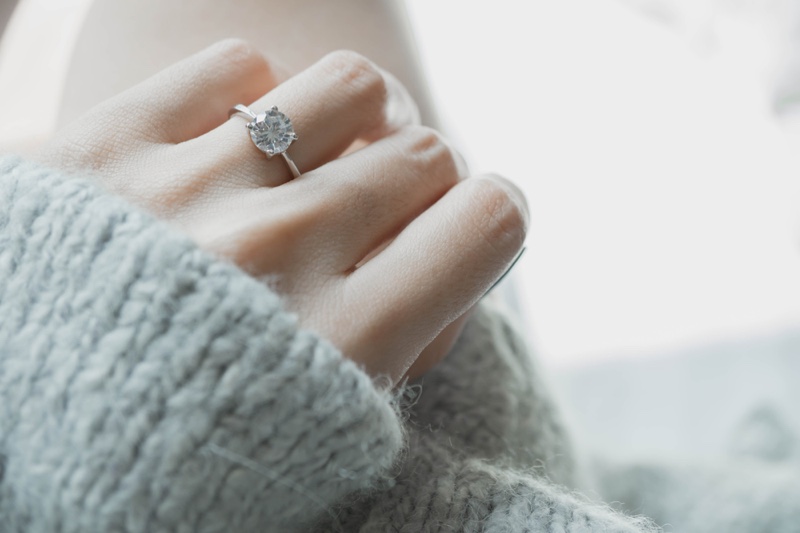 Closeup Round Diamond Engagement Ring Hand