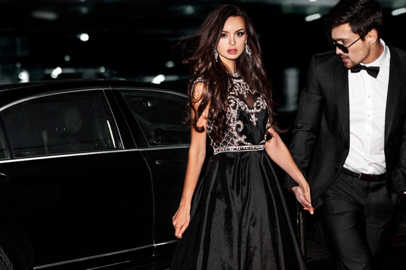 Fancy Couple Woman Black Dress Max Tuxedo Leaving Car