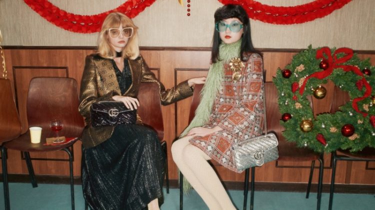 Models wear festive style in Gucci Holiday 2020 campaign.