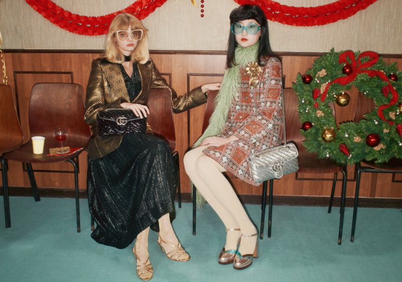 Models wear festive style in Gucci Holiday 2020 campaign.