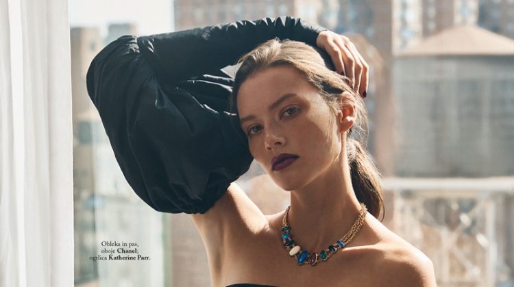 Jasmine Dwyer Embraces Elegant Fashion for ELLE Slovenia