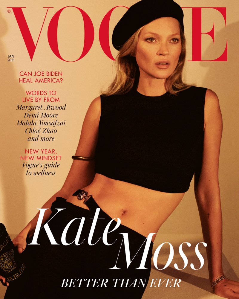 Supermodel Kate Moss wears Versace on Vogue UK January 2021 cover.