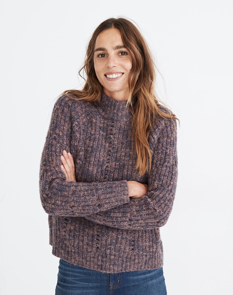 Madewell Pointelle Mockneck Pullover Sweater in Heather Eggplant $110