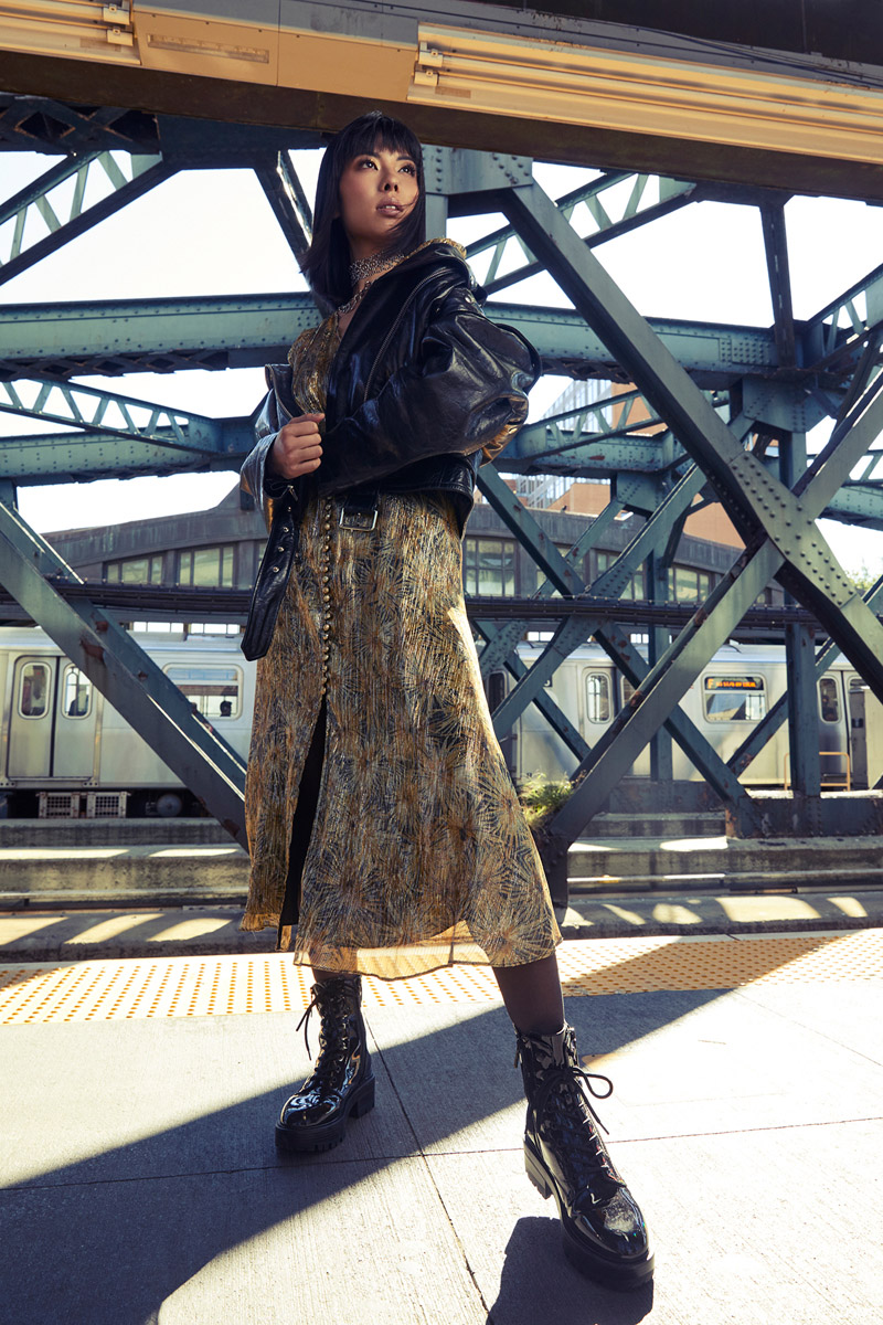 Rhinestone Lace Necklace Kenneth Jay Lane, Chain Necklace APM Monaco; Leather Jacket and Dress The Kooples; Tights Fogal and Boots Guess. Photo: Emily Teague