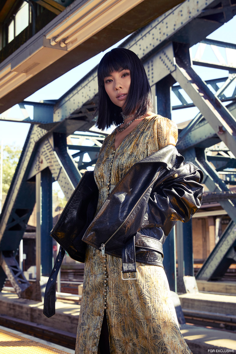 Rhinestone Lace Necklace Kenneth Jay Lane, Chain Necklace APM Monaco; and Leather Jacket and Dress The Kooples. Photo: Emily Teague