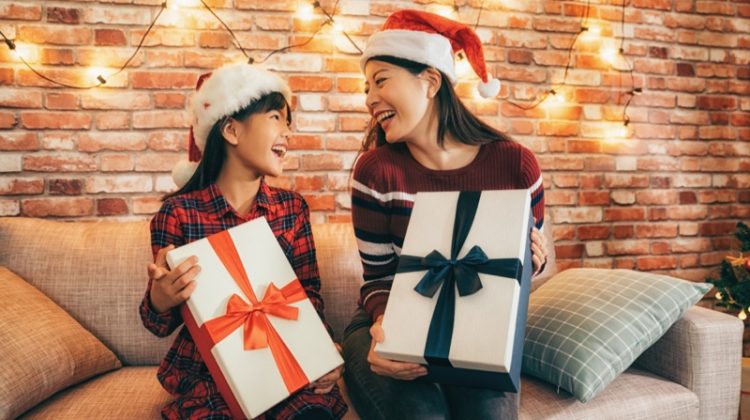 Mom Daughter Asian Holding Christmas Gifts Santa Hats