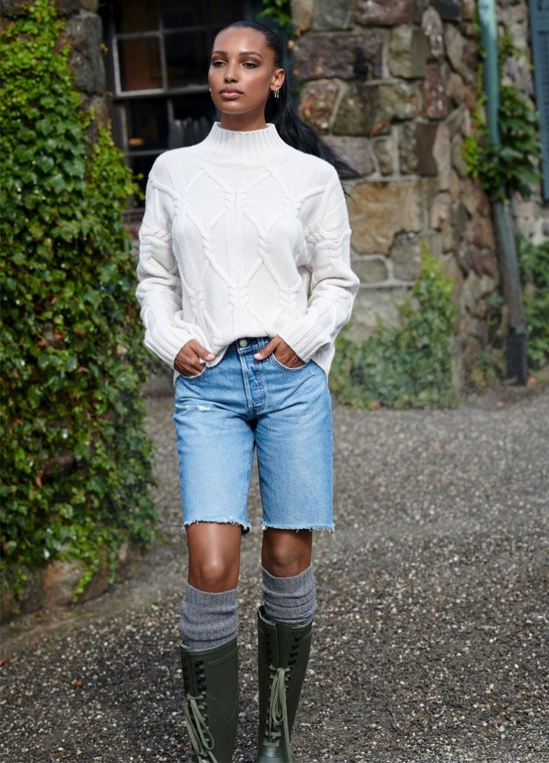 Jasmine Tookes wears Naked Cashmere Tori sweater.