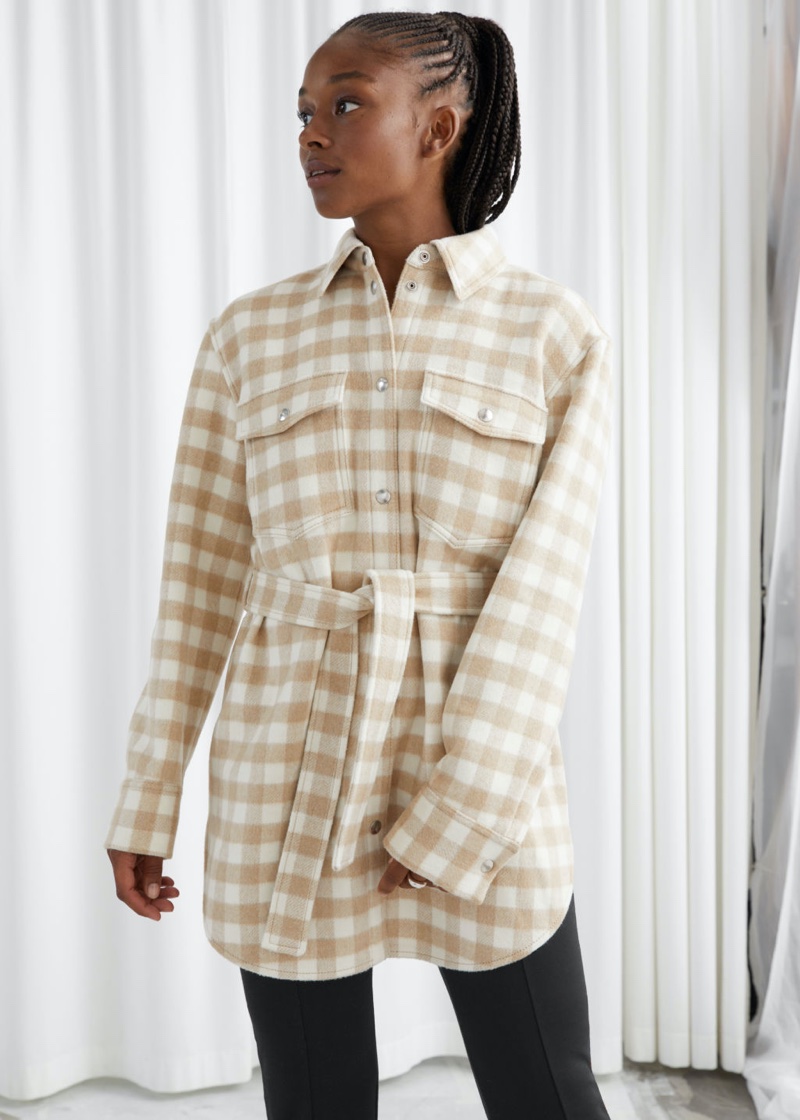 & Other Stories Oversized Belted Shirt Jacket in Beige Checks $179