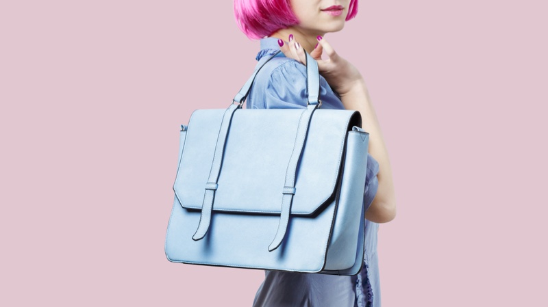Pink Haired Woman Blue Faux Leather Bag