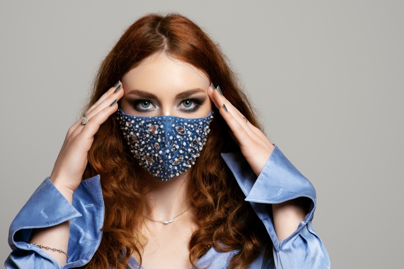 Redhead Woman Rhinestone Embellished Blue Mask