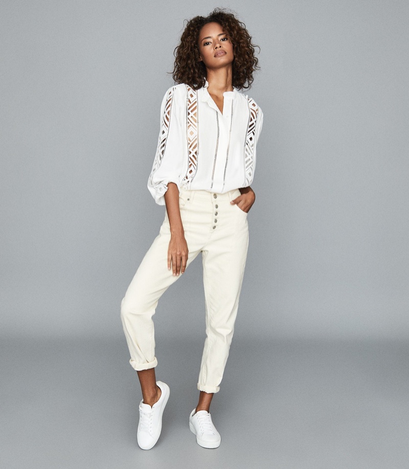 Reiss Aliyah Lace Detail Blouse in White $275