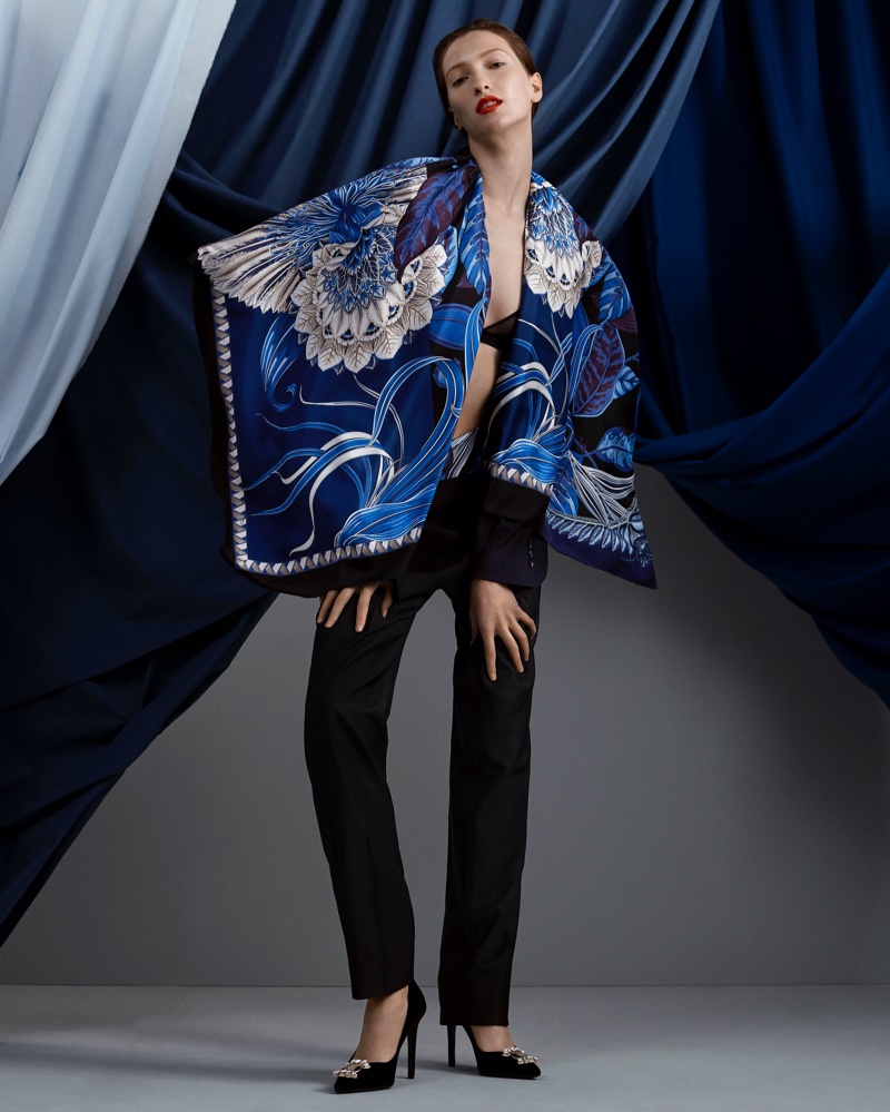 Foulard print stands out in Salvatore Ferragamo Holiday 2020 campaign.