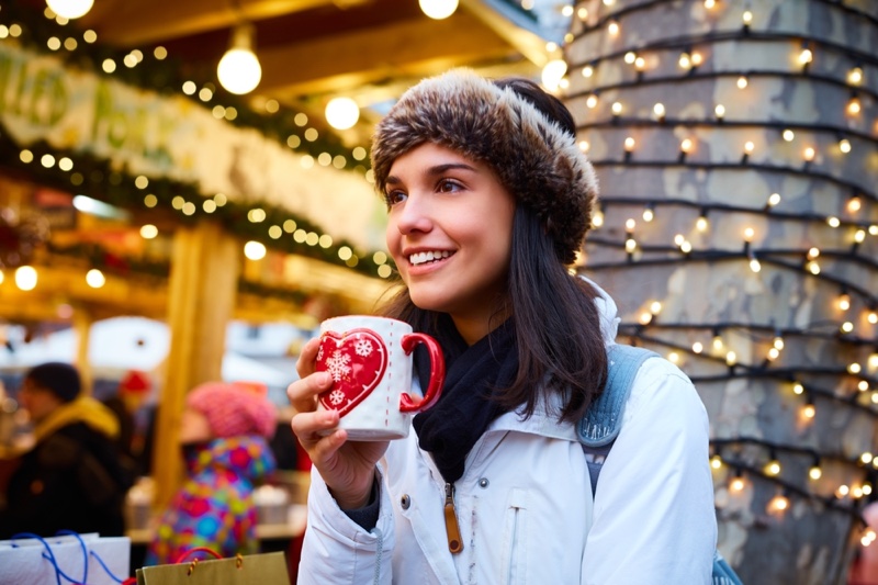 Smiling Woman Heart Shaped Mug Winter Christmas Lights