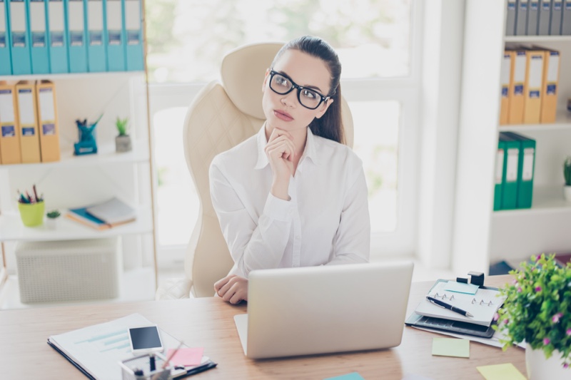 Thinking Woman Office Attractive Laptop Desk Glasses