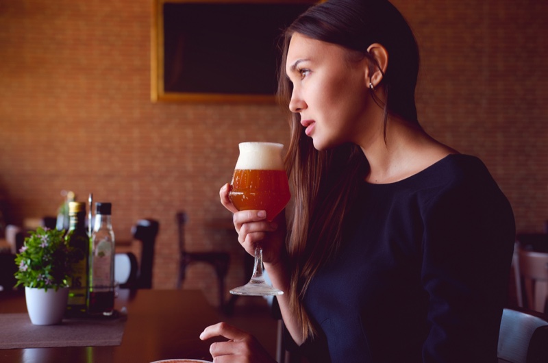 Woman Drinking Beer Glass Restaurant