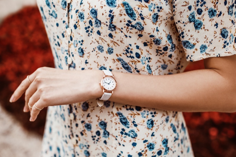 Woman Floral Print Dress White Watch Wristband