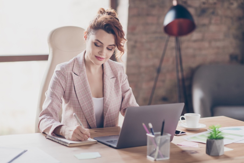 Woman Office Pink Blazer Laptop Desk Writing Notepad