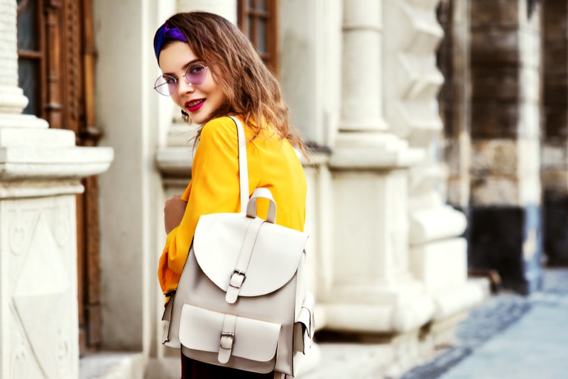 Woman Smiling White Faux Leather Backpack Street