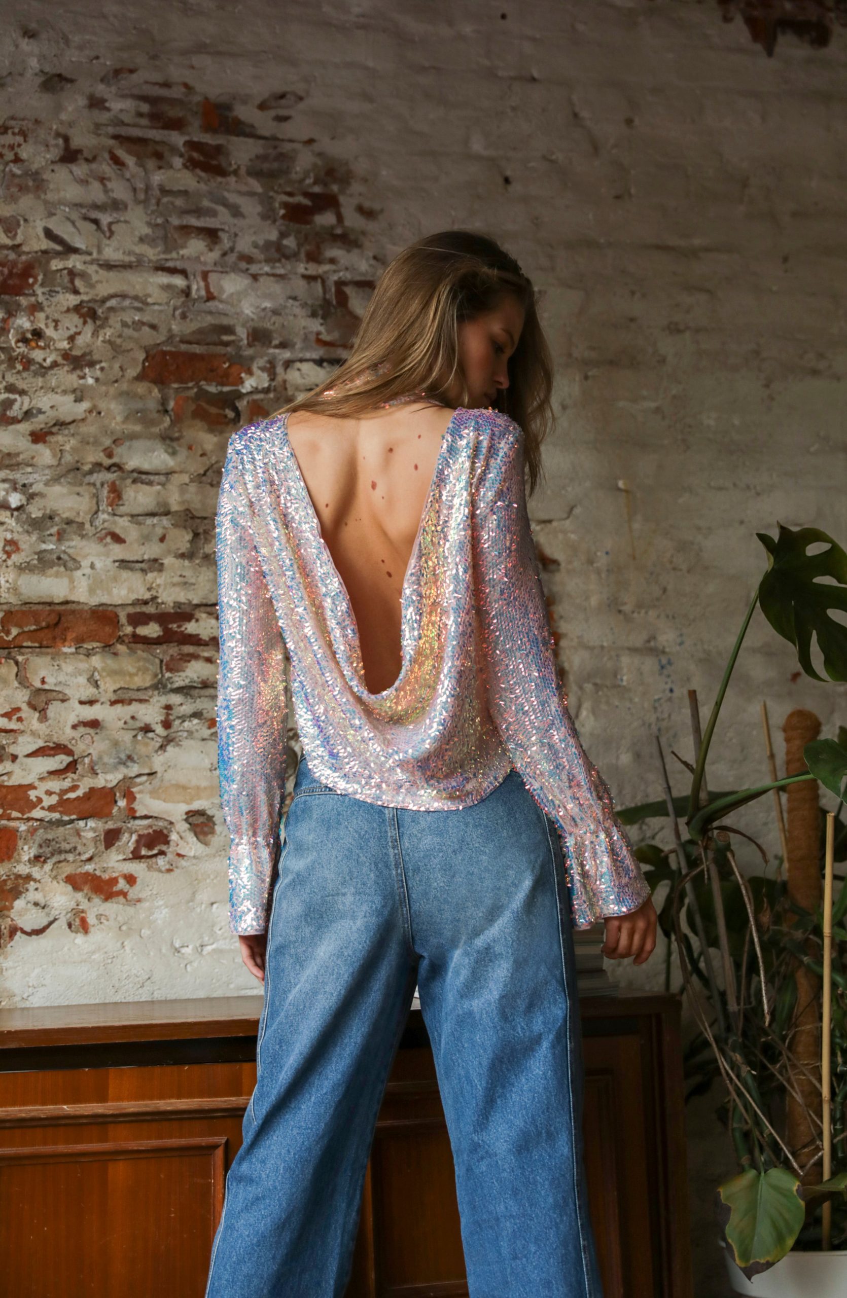 sequin open back top