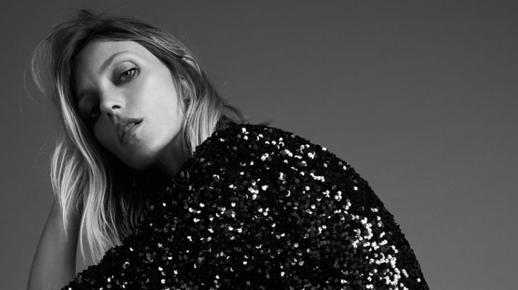 Anja Rubik poses in Zara sequin mini dress.