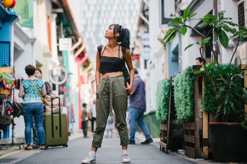 Asian Woman Tank Top Green Cargo Pants