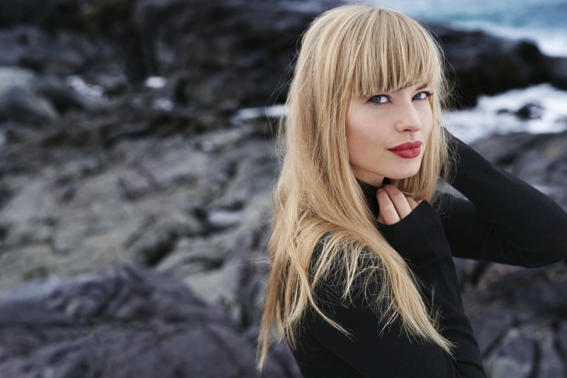 Blonde Model Bangs Black Dress Cropped