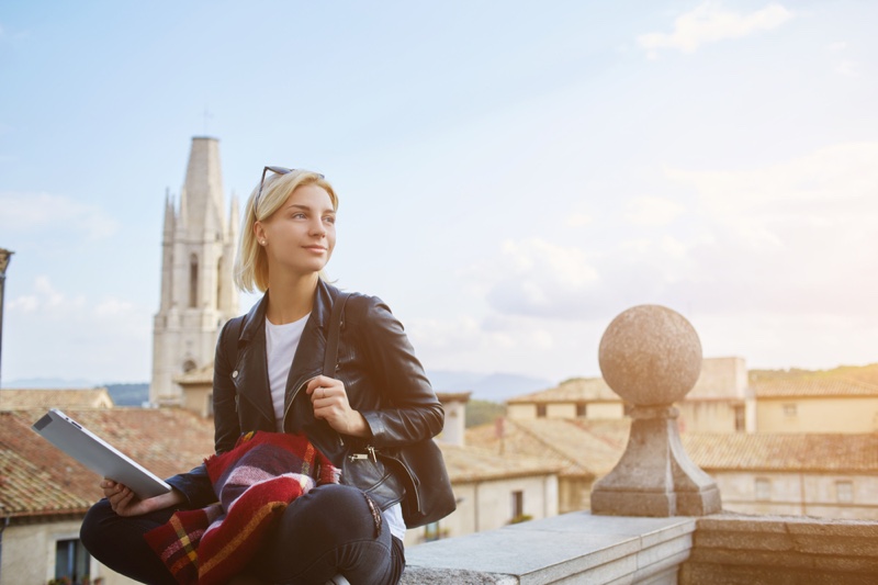 Blonde Woman Travel Leather Jacket Reading Material