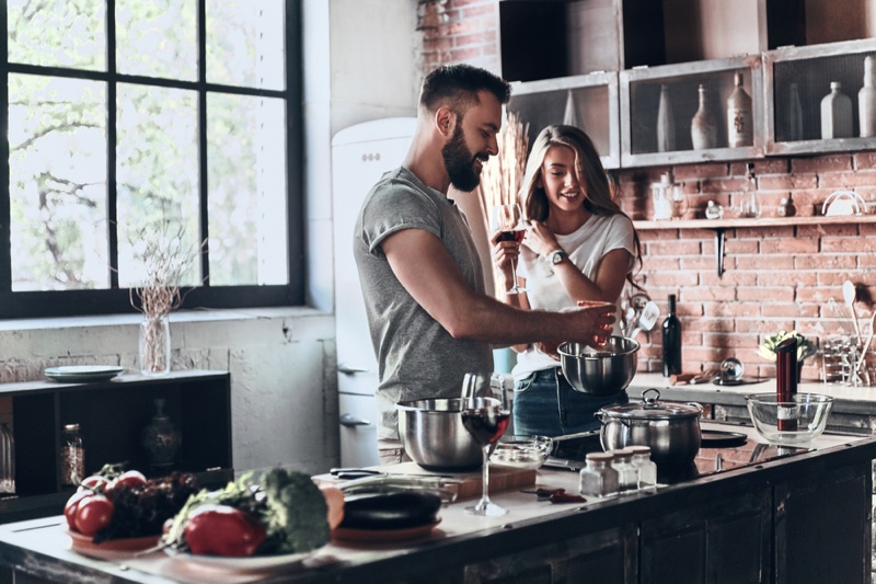 Couple Cooking Kitchen Brick Wall