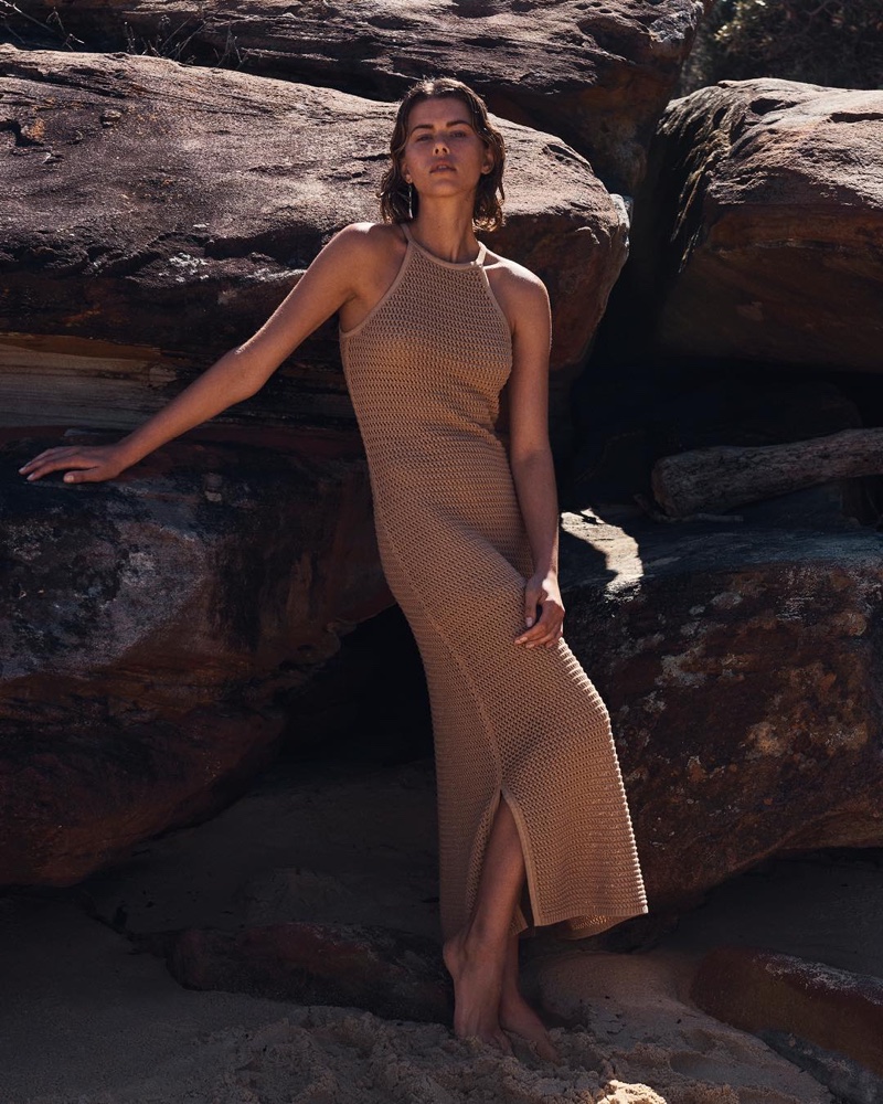 Model Georgia Fowler poses in Witchery maxi knit dress.