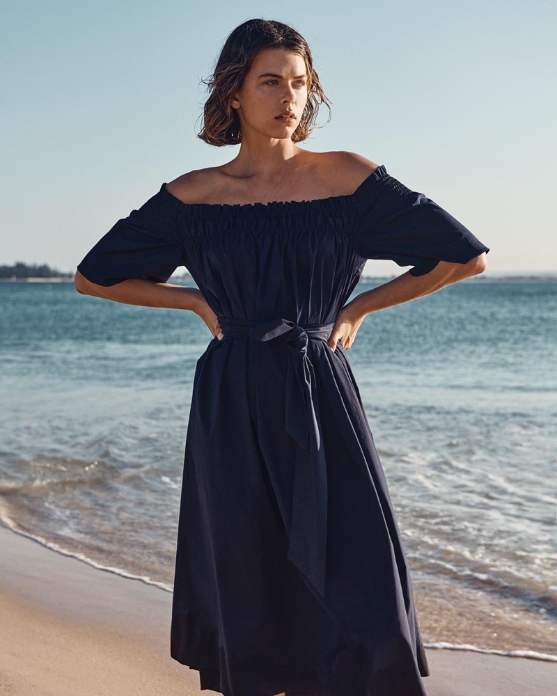 Georgia Fowler wears Witchery off-the-shoulder dress.