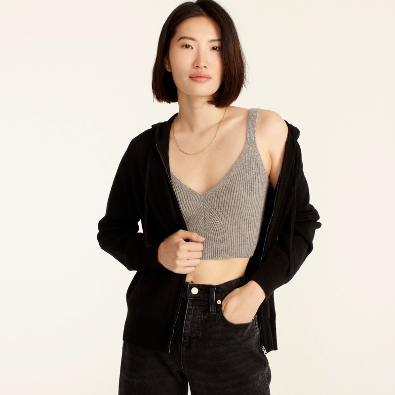 J. Crew Cashmere Relaxed Zip-Up Hoodie in Black $178