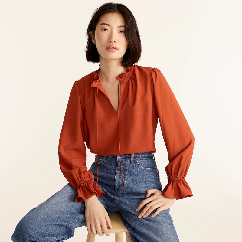 J. Crew Gathered Ruffle Drapey Top in Deep Ember $89.50