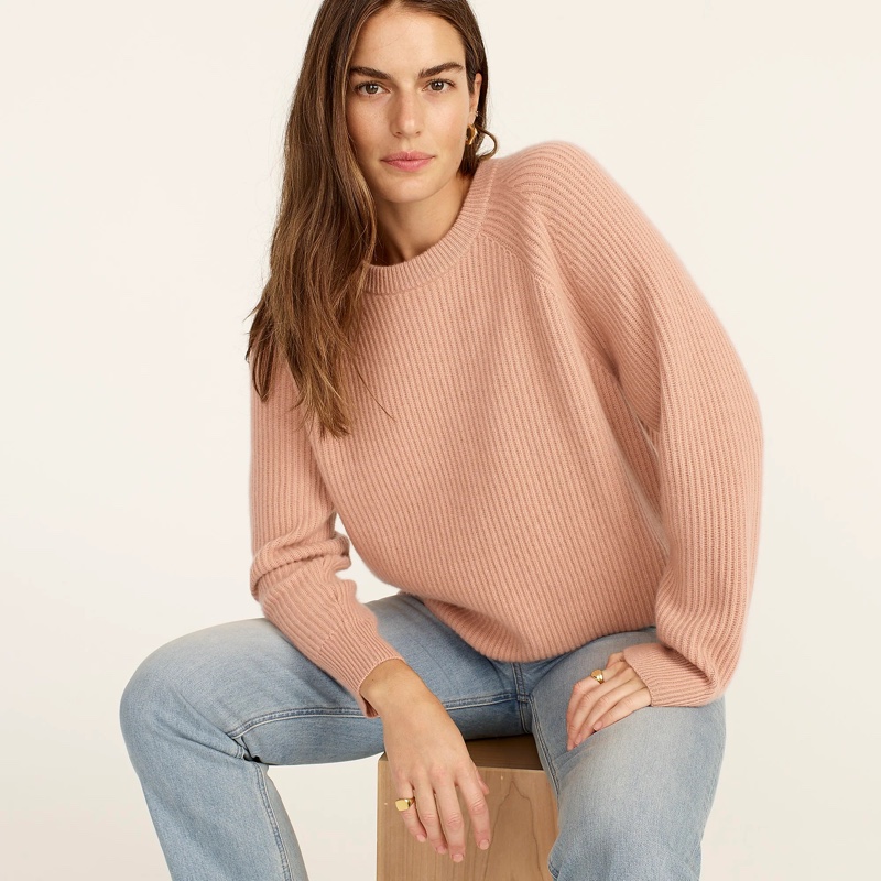 J. Crew Ribbed Cashmere Oversized Crewneck Sweater in Rosy Dune $198