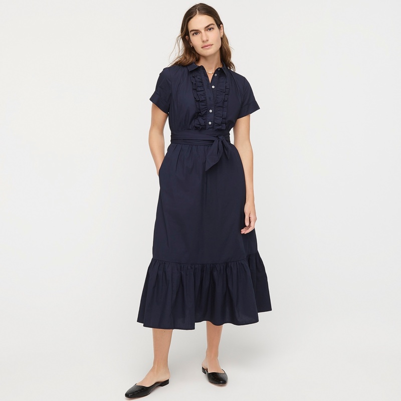 J. Crew Ruffle-Front Midi Dress Cotton Poplin in Navy $128
