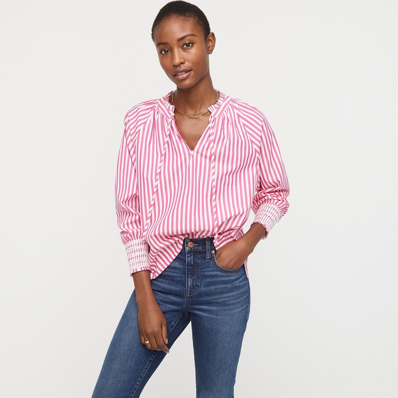 J. Crew Smocked-Cuff Popover Top Stripe in White/Fuchsia $98