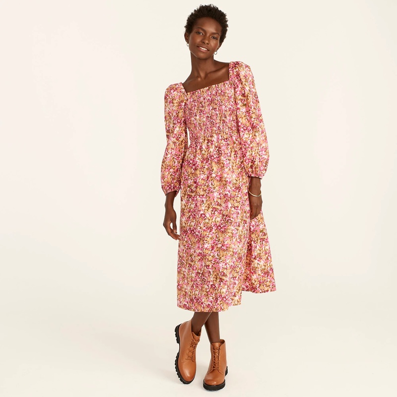 J. Crew Smocked Puff-Sleeve Dress in Faded Floral $128