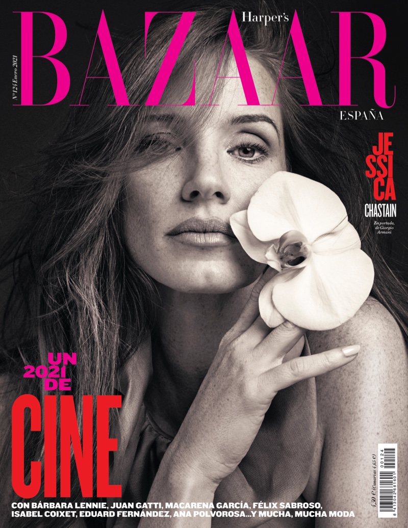 Jessica Chastain on Harper's Bazaar Spain January 2021 Cover. Photo: David Roemer