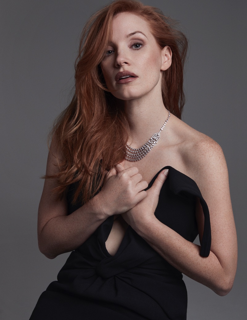 Jessica Chastain poses in Celine dress with Piaget necklace. Photo: David Roemer