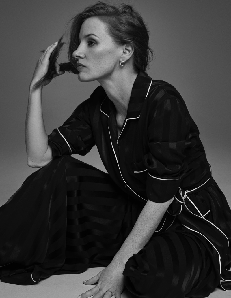 Actress Jessica Chastain wears Dolce & Gabbana pajamas and Piaget jewelry. Photo: David Roemer