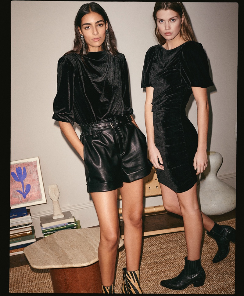 Nora Attal and Luna Bijl model chic black looks for Mango's 2020 party edit.