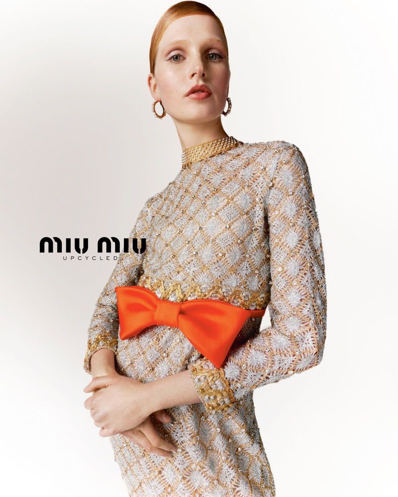 Levi Achthoven poses in Miu Miu Upcycled collection.