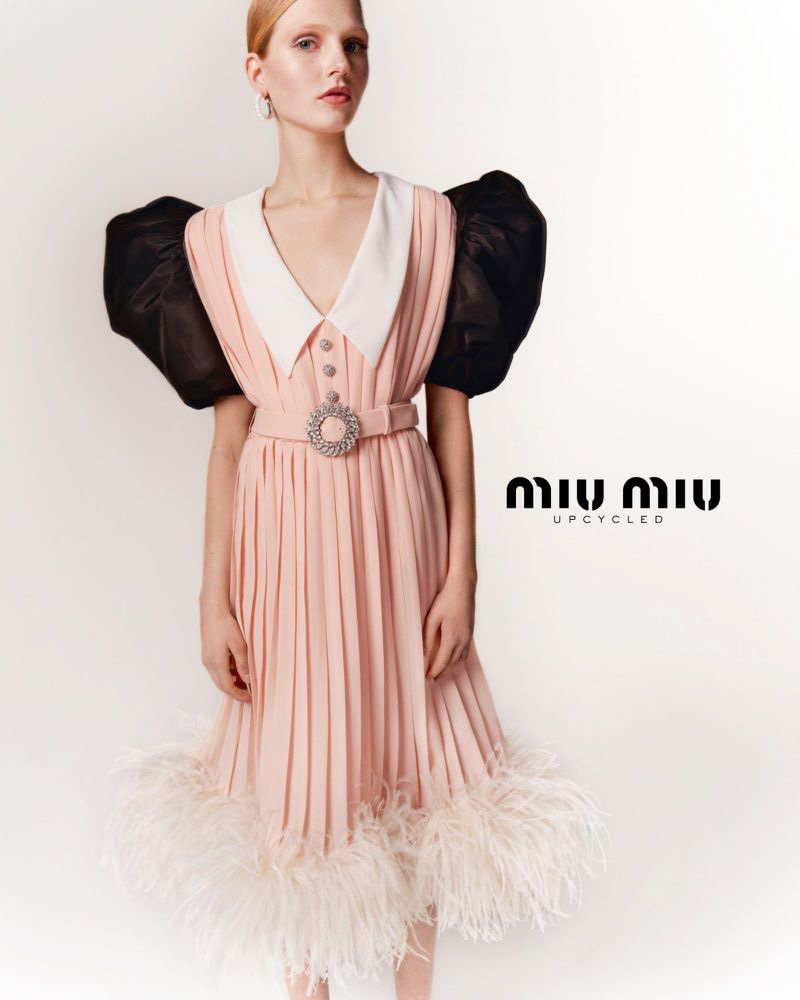 A look at a dress from Miu Miu's Upcycled collection.