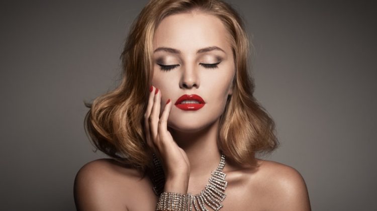Model Red Lipstick diamond Jewelry Glam beauty