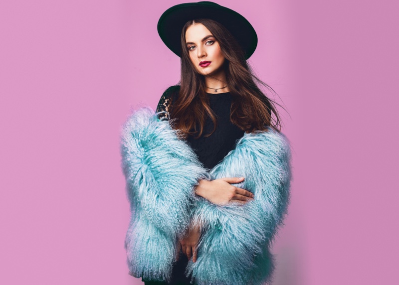 Model Winter Blue Faux Fur Coat Hat Outfit