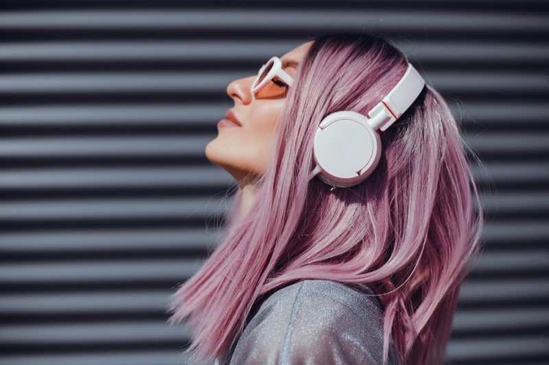 Pink Haired Woman Earphones