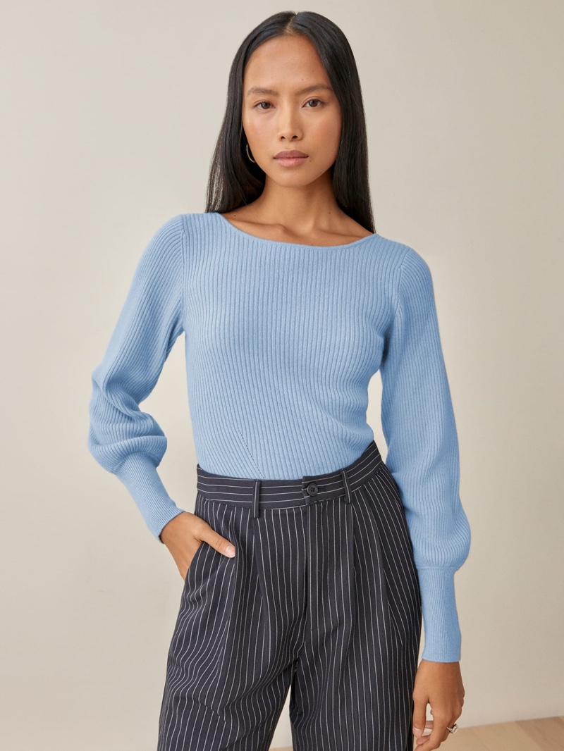 Reformation Alber Open Back Sweater in Sky $159.60 (previously $228)
