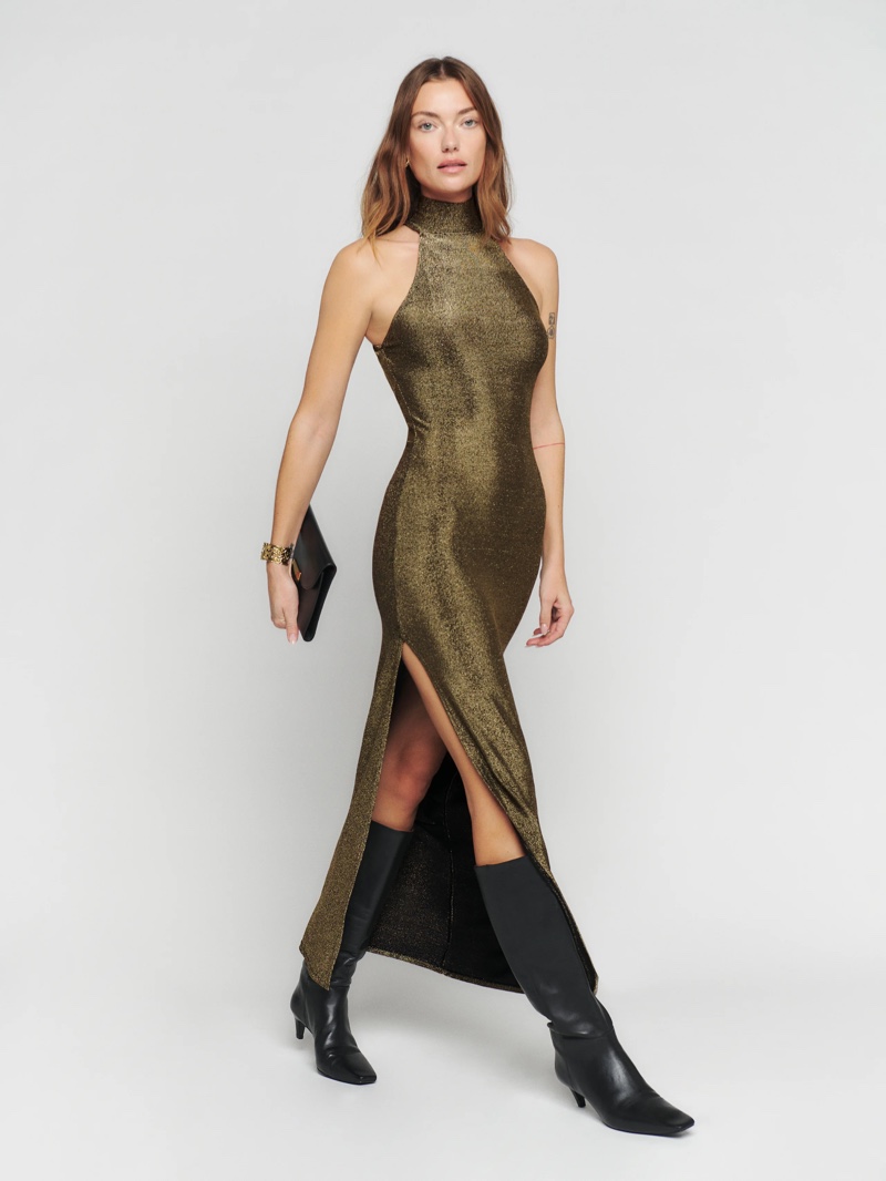 Reformation Argentia Knit Dress in Gold Sparkle $198