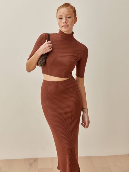 On Form: 7 Fitted Knits From Reformation Reformation Leyla Two Piece in Chestnut $128