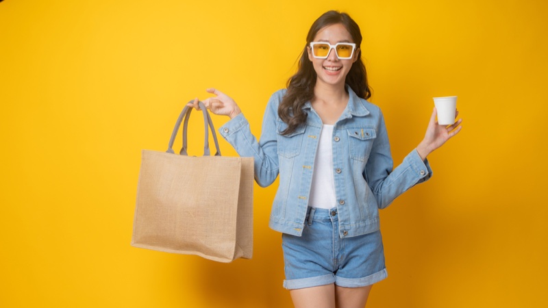 Smiling Asian Woman Textile Bag Denim Shorts Jacket